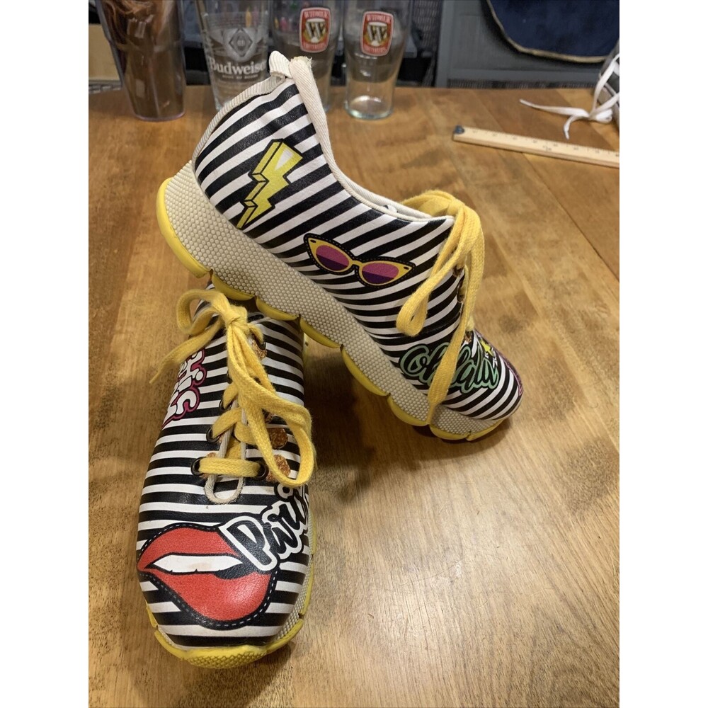 Black White Stripes Yellow Laces Sneakers Shoes by Goby Let Your Soul Free Sz 38